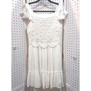 White Birch Crochet Lace Boho Mini Dress Flutter Sleeve Square Neck